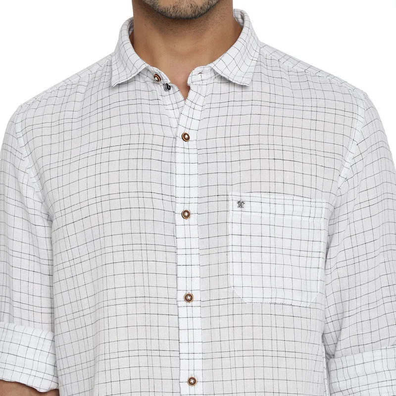 Turtle Men Cotton Linen White Checkered Slim Fit Shirts