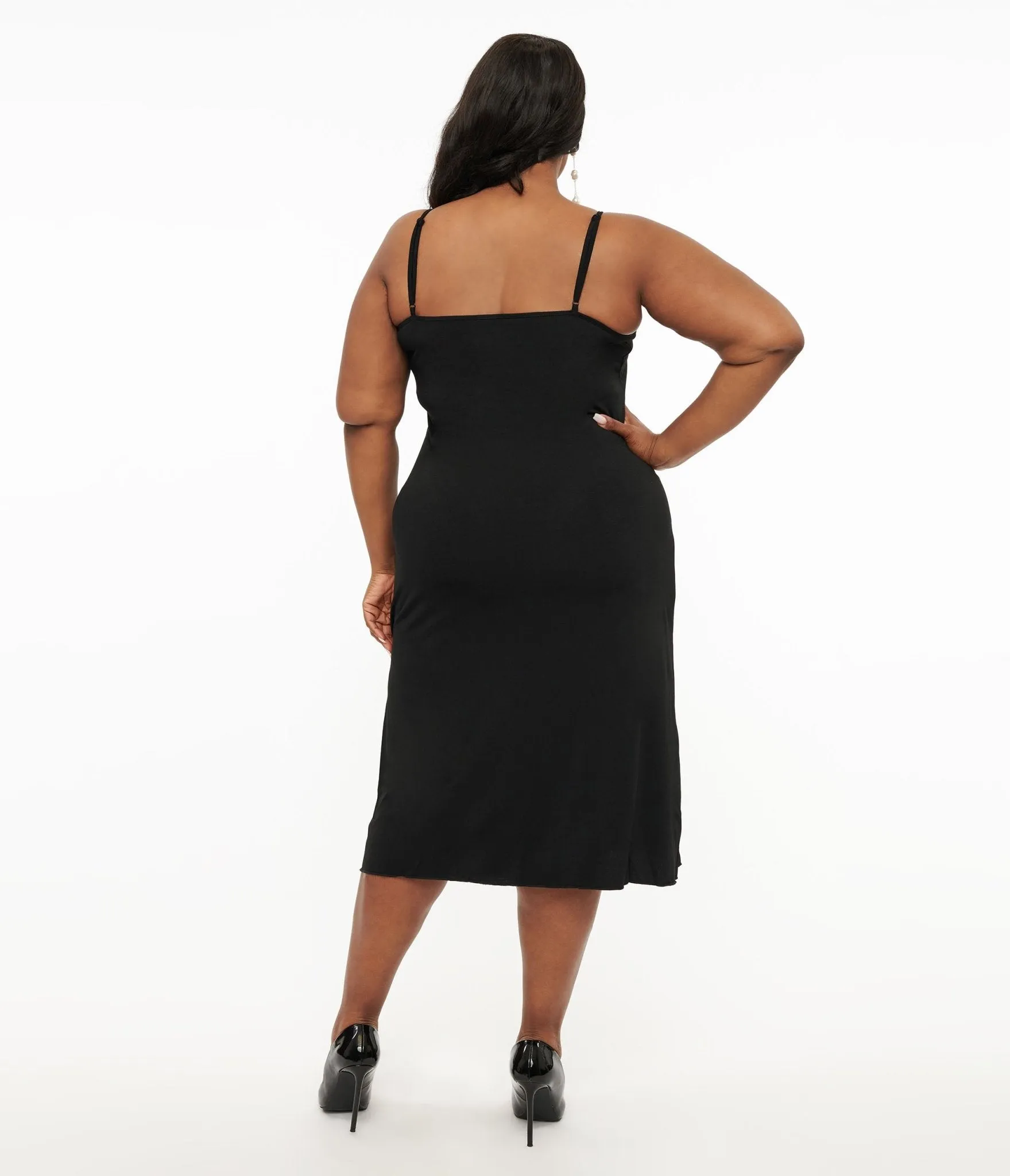 Unique Vintage Plus Size Midi Length Black Stretch Slip