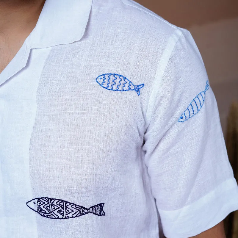 Unisex Linen Shirt for Men | White | Hand Embroidered