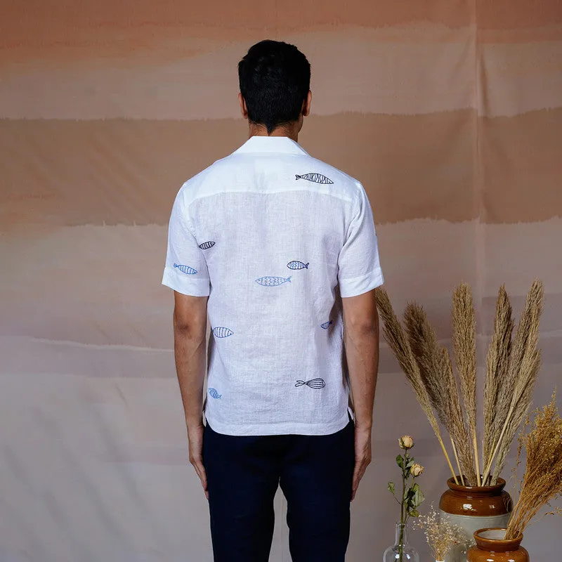 Unisex Linen Shirt for Men | White | Hand Embroidered