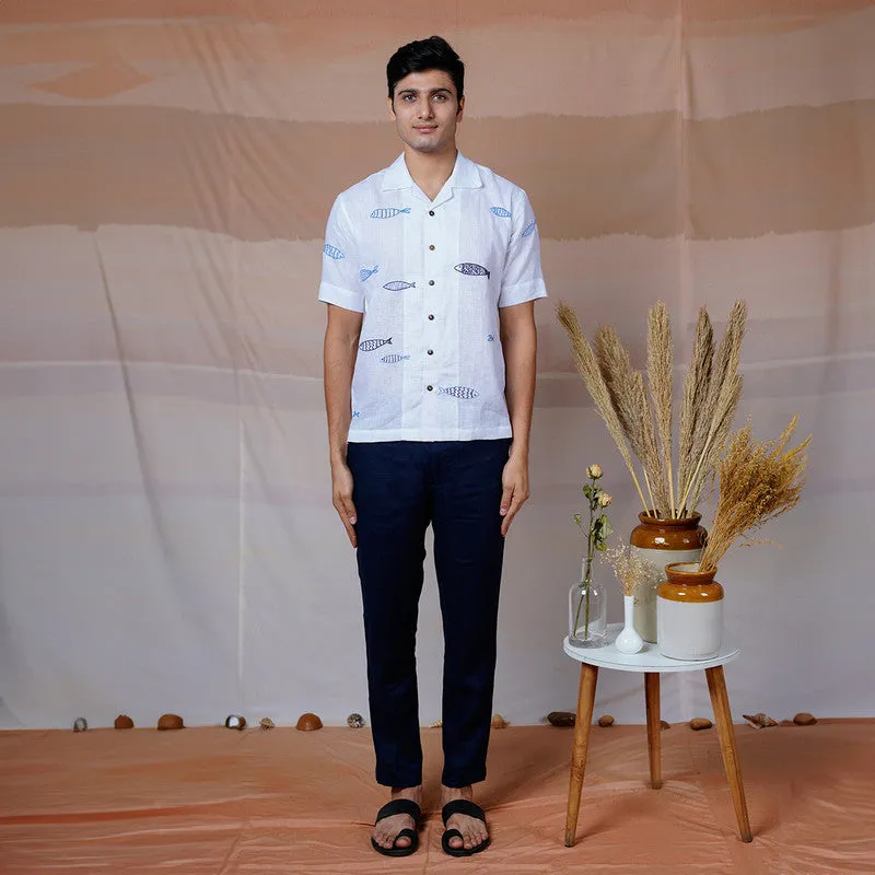 Unisex Linen Shirt for Men | White | Hand Embroidered