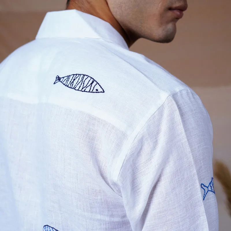 Unisex Linen Shirt for Men | White | Hand Embroidered