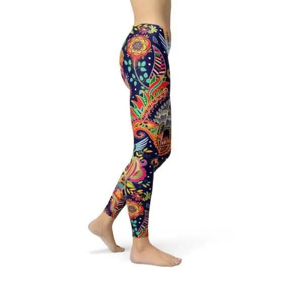 Vibrant Blue Paisley Print Performance Leggings for Women