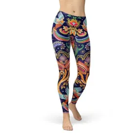 Vibrant Blue Paisley Print Performance Leggings for Women