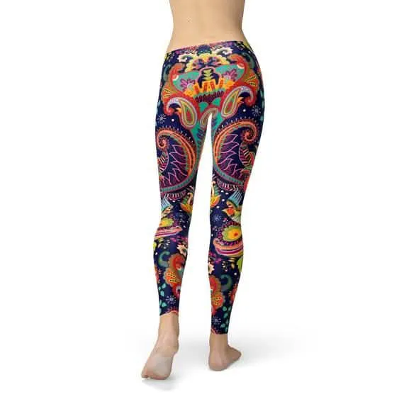 Vibrant Blue Paisley Print Performance Leggings for Women