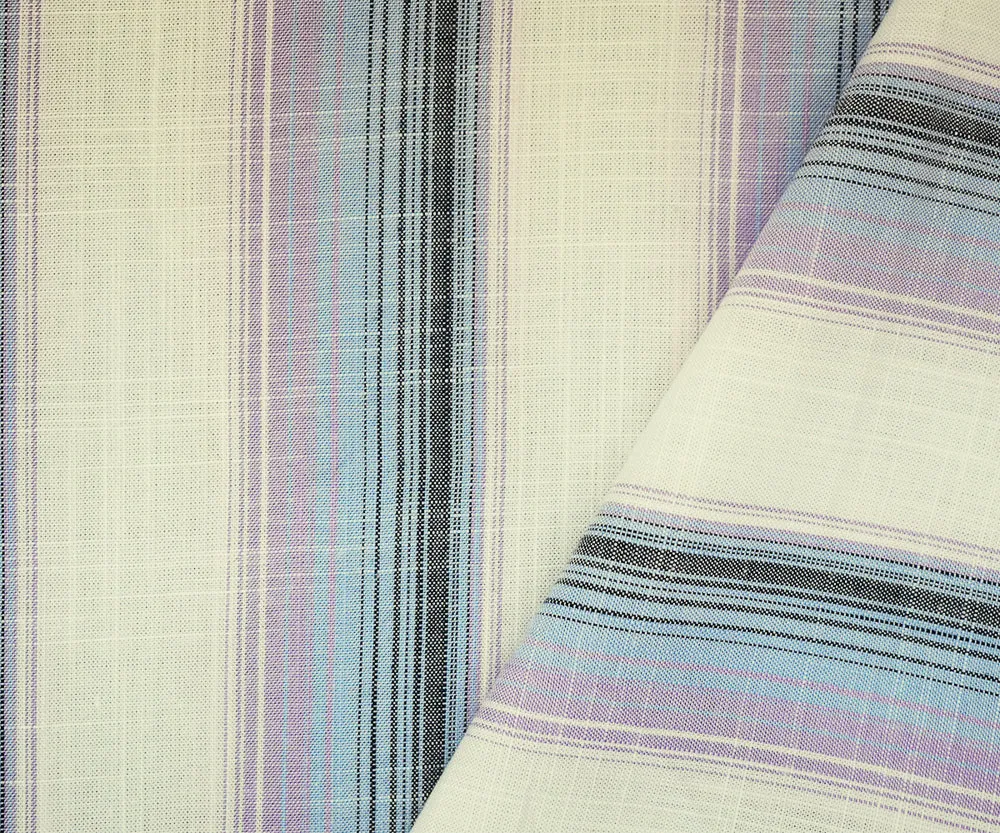 White-Purple-Multi Stripe Linen Cross-Hatch Woven Shirting Fabric