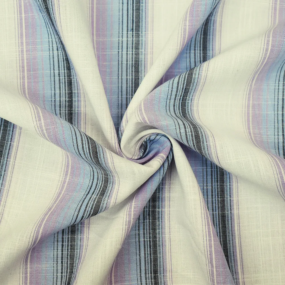 White-Purple-Multi Stripe Linen Cross-Hatch Woven Shirting Fabric