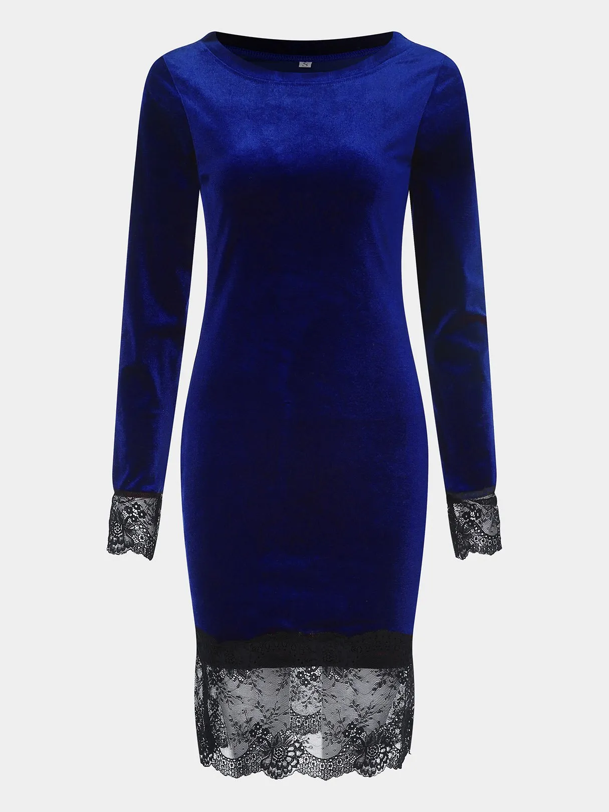 Wholesale Blue Bateau Long Sleeve Lace Stitching Hem Midi Dress