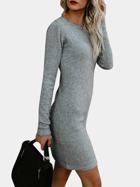 Wholesale Grey Crew Neck Long Sleeve Plain Lace-Up Midi Dress