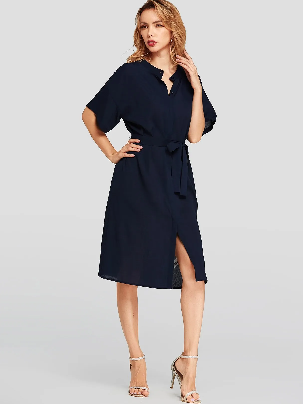 Wholesale Navy Half Sleeve Self-Tie Midi Dresses