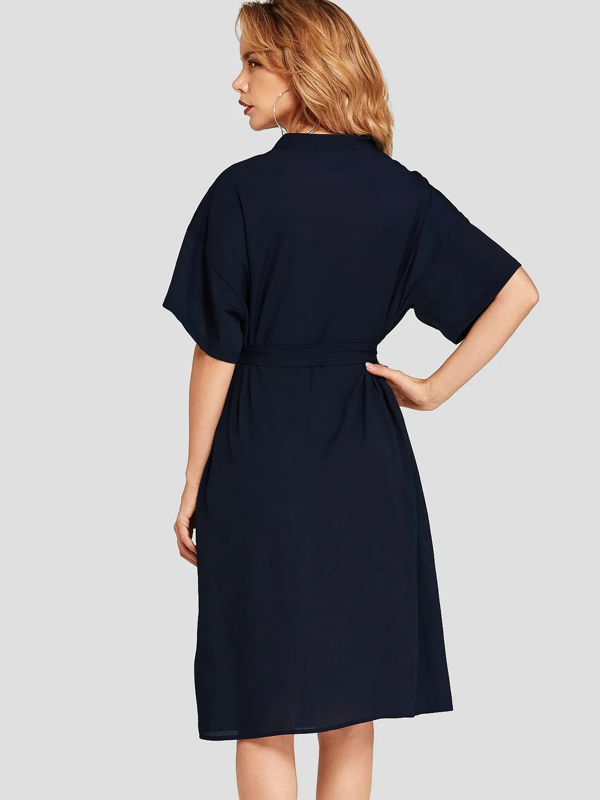 Wholesale Navy Half Sleeve Self-Tie Midi Dresses