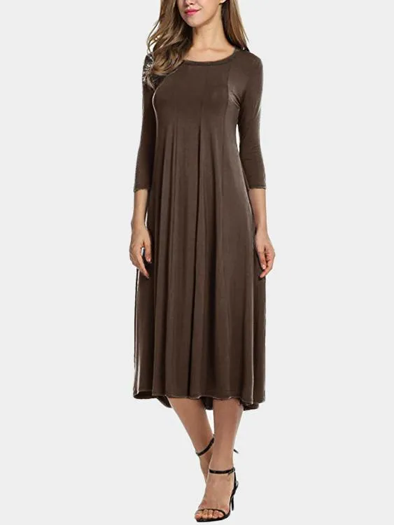 Wholesale Round Neck 3/4 Length Sleeve Midi Dress