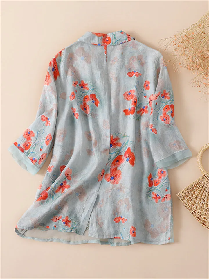 Women's Light Breathable Floral Printed Linen Blazer